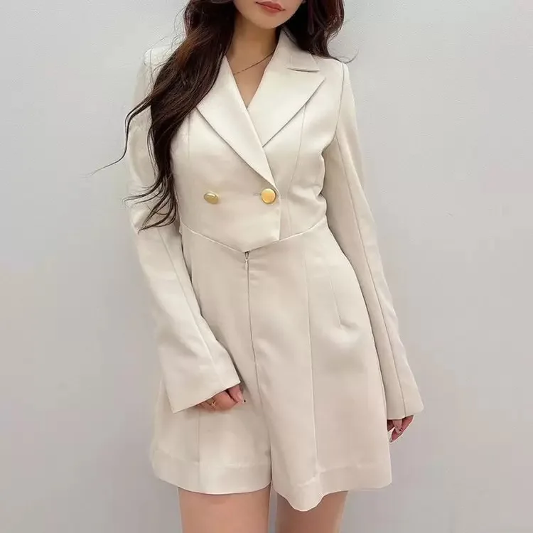 

Новый золотисто-синий комбинезон с воротником, с подплечниками, с высокой талией, прямые шорты, для офиса и повседневной носки