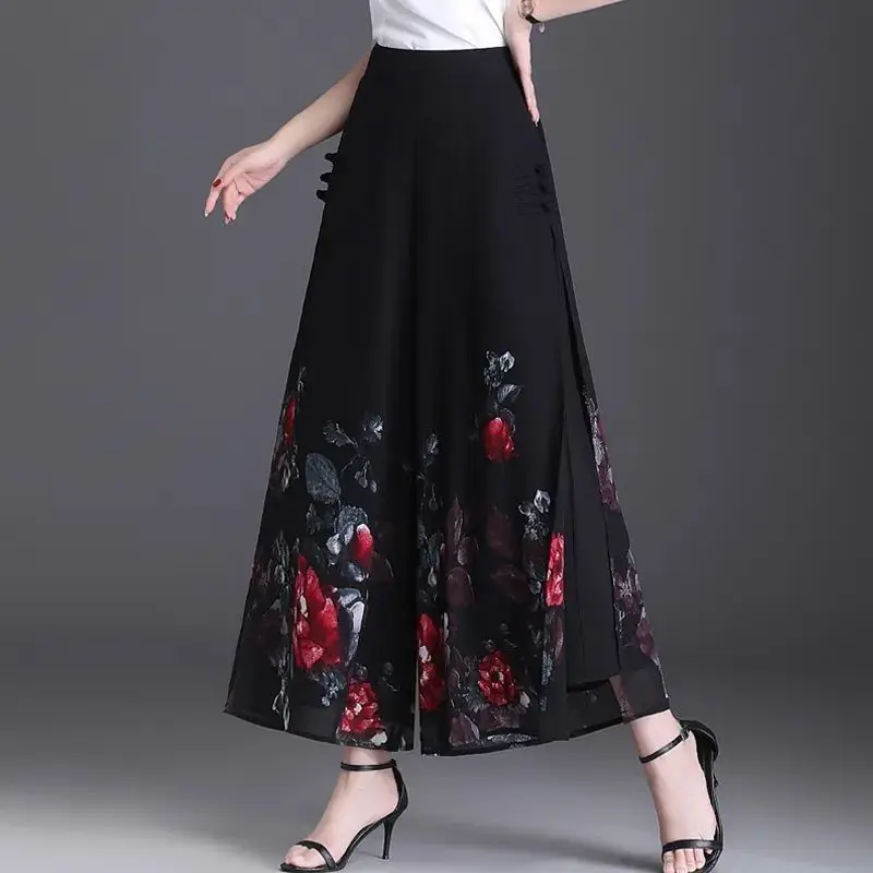 Summer Chinese Style Vintage Chiffon Wide Leg Pants Women High Waist Print Patchwork Pocket Button Straight Cropped Trousers