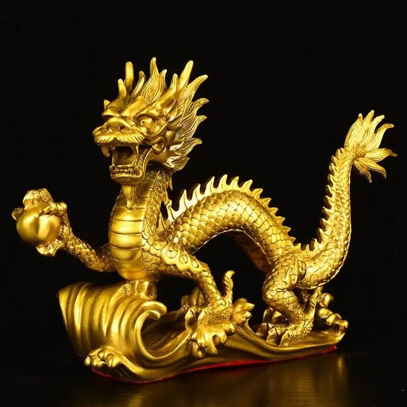 14'' brass sculpture chinese fengshui culture fortune wealth brass dragon statue