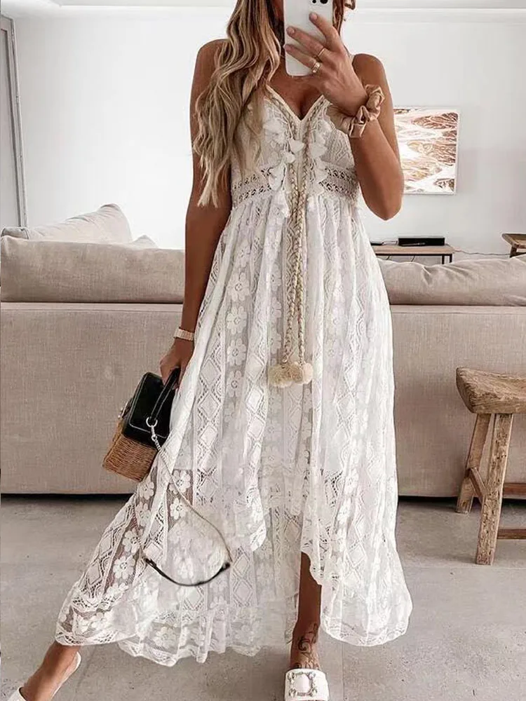 Mùa Hè Đời Boho Đầm Maxi Đầm Nữ Ngày Lễ Thanh Lịch Cổ V Spaghetti Dây Sundress Đầm Trắng Vestidos De Mujer 22194