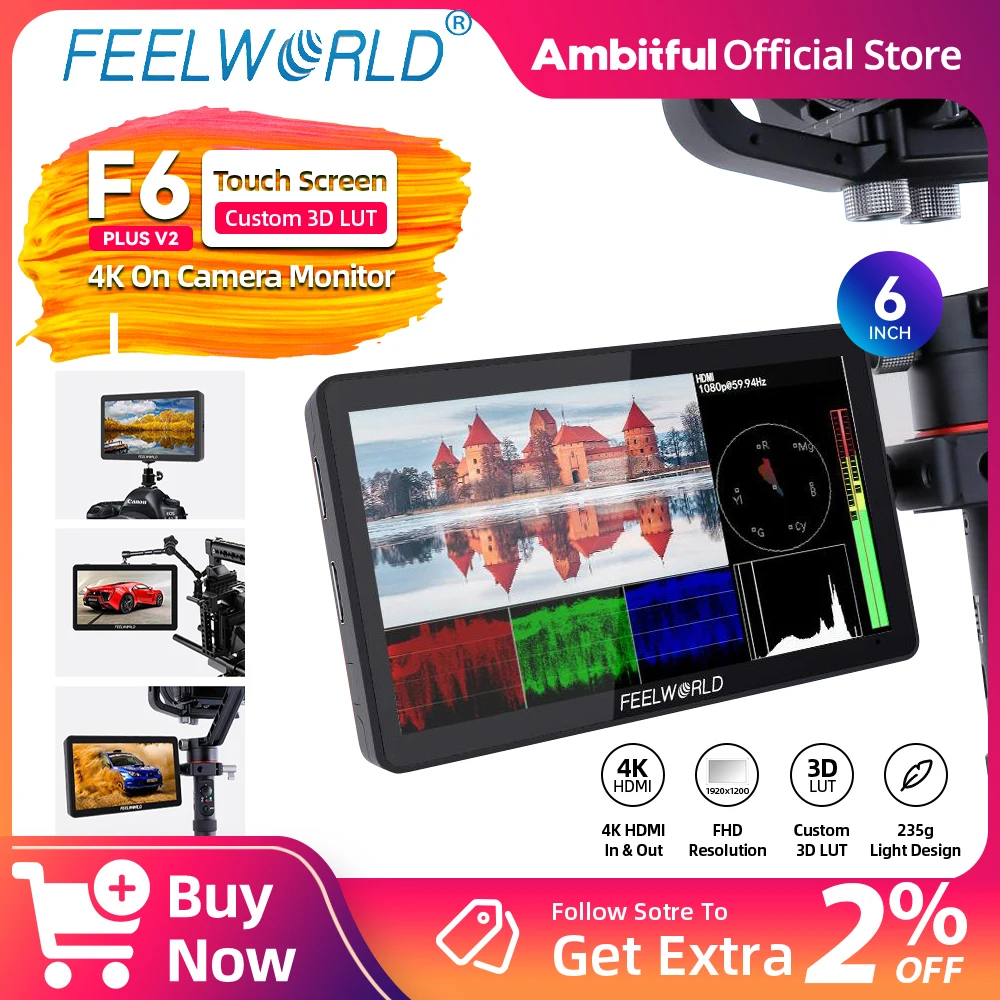 

FEELWORD F6 Plus V2 4K HDMI On Camera Monitor 6inch Touch Screen Custom 3D LUT IPS Full HD 1920x1080 Video Focus Assis