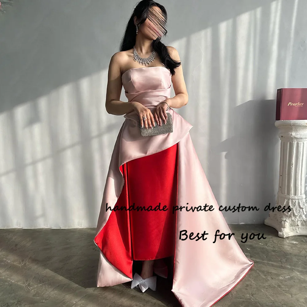 

Pink Red Mermaid Evening Dresses Pleats Strapless Dubai Arabic Prom Party Dress with Train Long Celebrate Gown