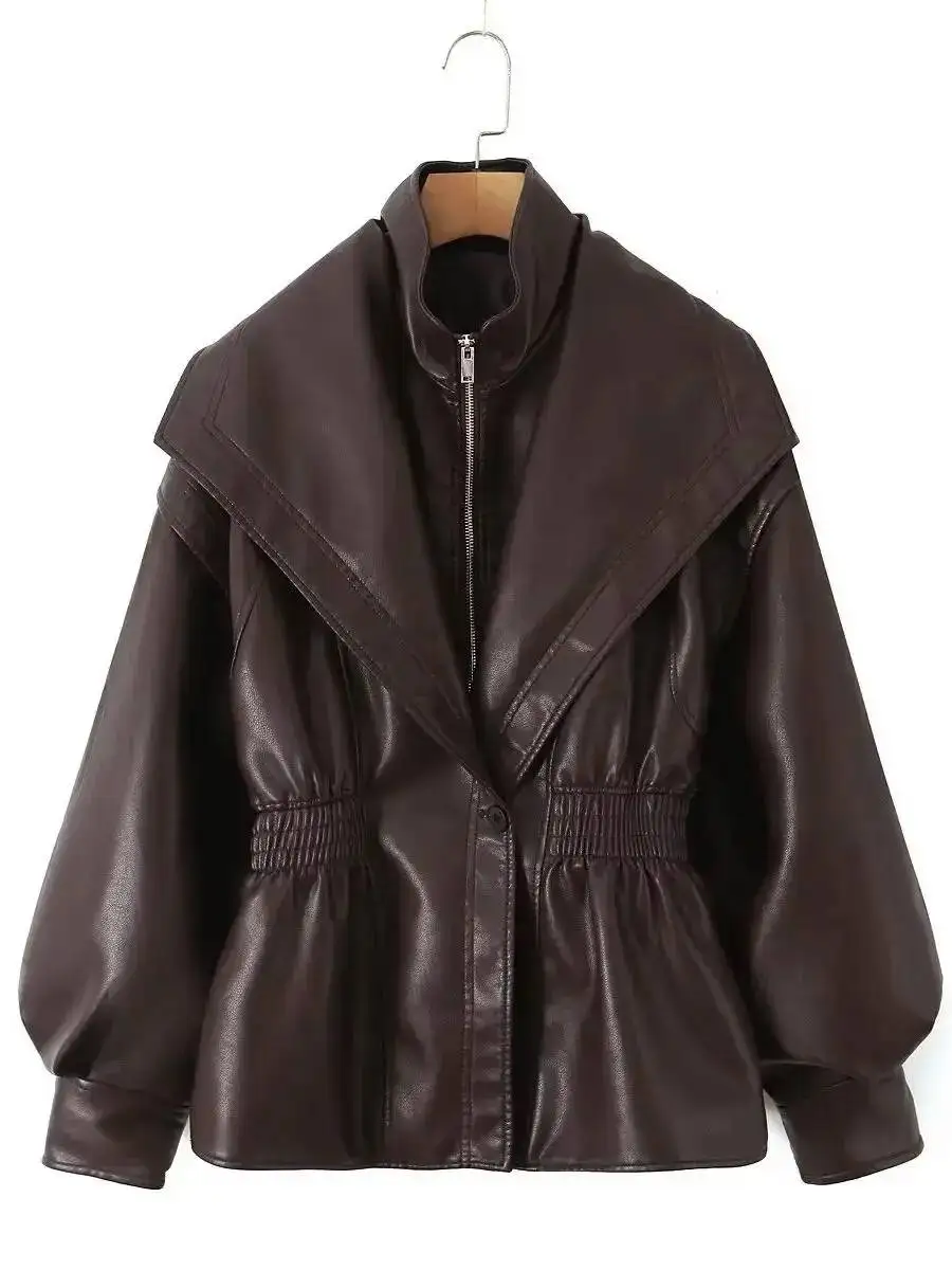 2025 New Women's Retro Vintage Coffee Faux Leather PU Jackets Female Motorcycle Biker BF Loose Oversized Streetwear Coats Tops