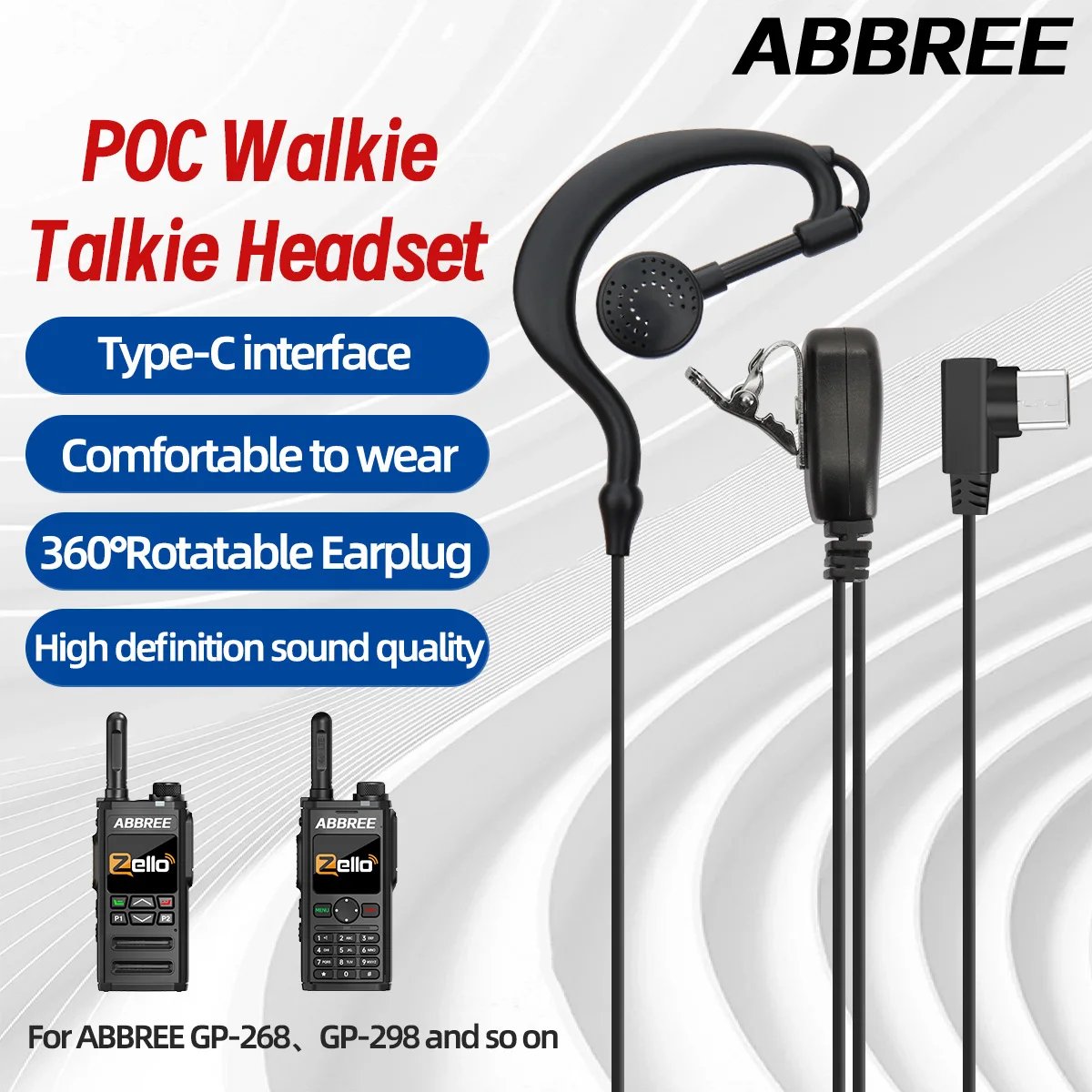 ABBREE Global POC Network Walkie Talkie Headset PTT MIC Type-C G Shape 360° Rotatable For GP-268 GP-298 ZELLO 4G Radio Earpiece