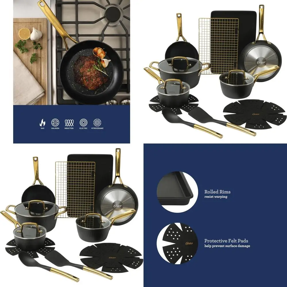 

Black & Gold 16-Piece Non-Stick Induction Cookware Set with Aluminum Pans and Ceramic Coating, PFA Free