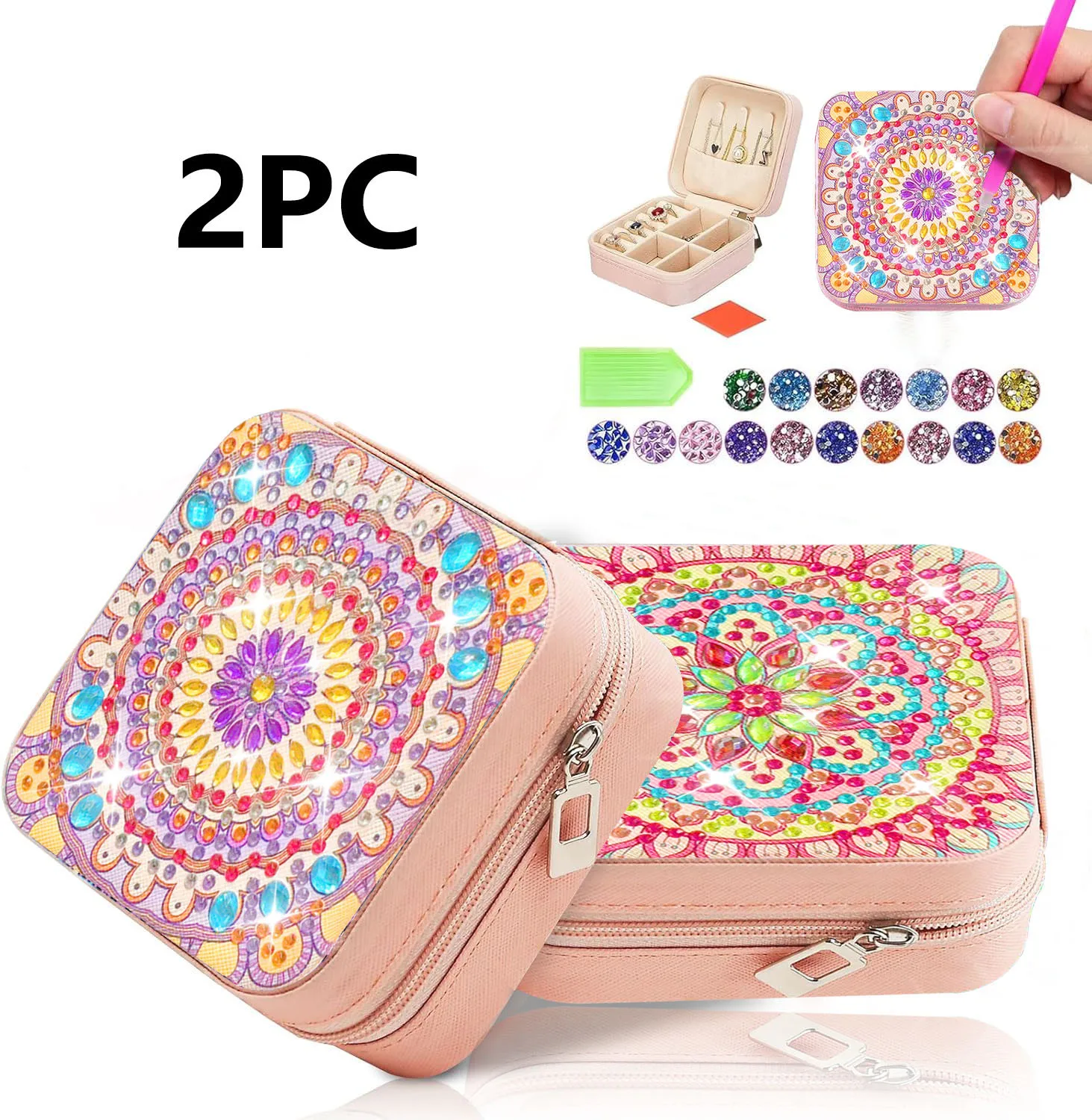 

2 DIY мандалы узор алмазной живописи художественные наборы, портативные алмазные холщовые художественные коробки для хранения ювелирных изделий для коробок для драгоценностей