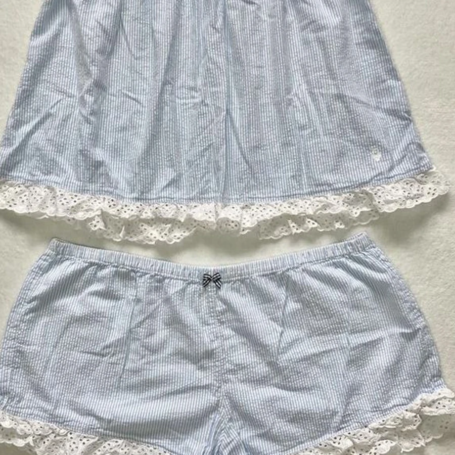 

Classic Women's Summer 2PCS Pajama Set Sleeveless V Neck Plaid Print Lace Trim Cami Tops Shorts Sleepwear Sets