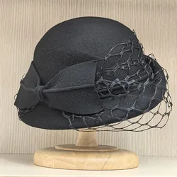 Women Bow Wool Felt Fascinator Hat Wide Brim Winter Hat Veil Dress Formal Church  Party Wedding Fedoras Chapeau