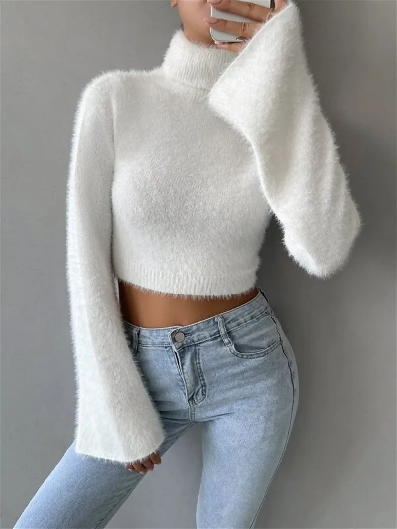 New Amazon High Neck Short Navel Exposed Plush Sweater Women's clothing sales Pullover winter clothes women 2024 pull femmes