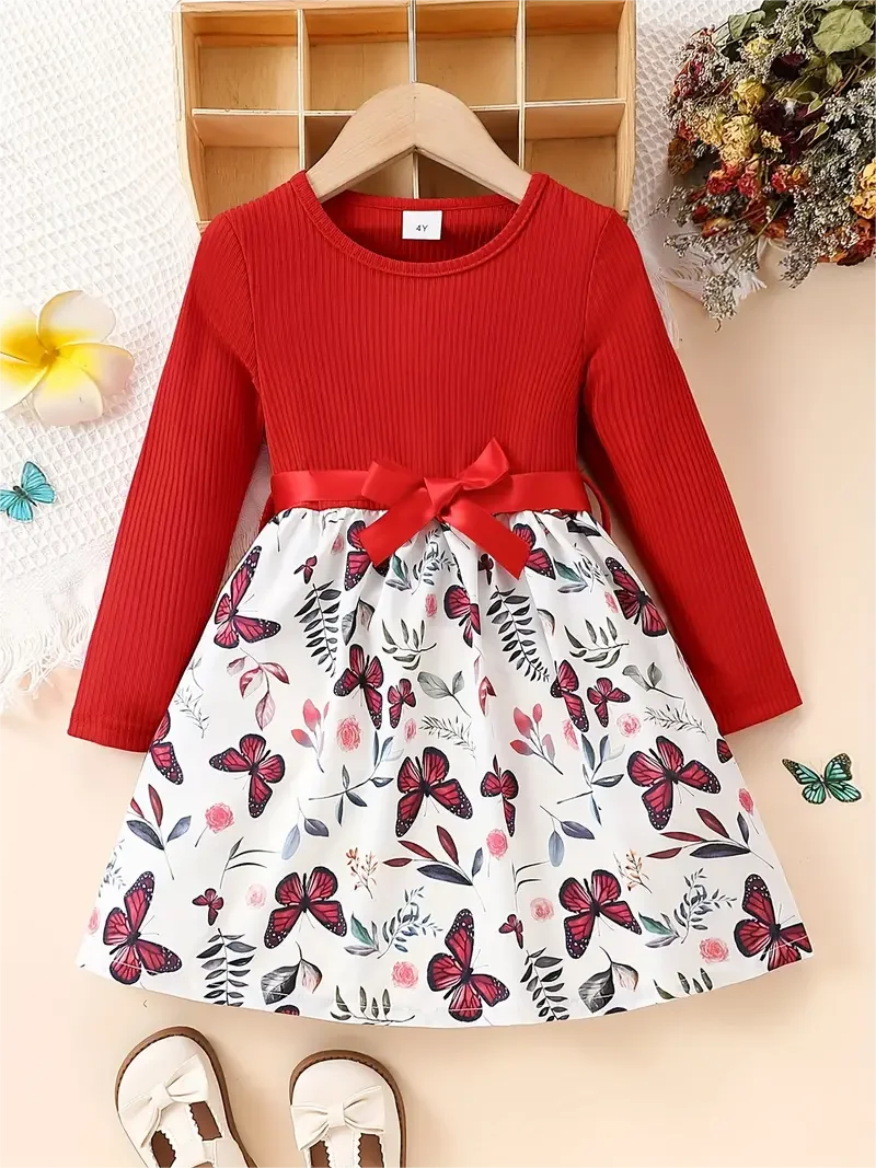 فستان بناتي كاجوال بطبعة فراشة وأكمام طويلة ورقبة دائرية مع حزام 95% بوليستر 5% سباندكس مع مرونة طفيفة #1