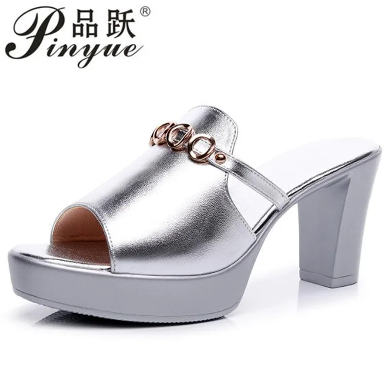 

8cm 10cm Elegant Rhinestone Block High Heels Shoes Summer Slippers Platform Slides Soft Leather Office Model sandal Size 32-43