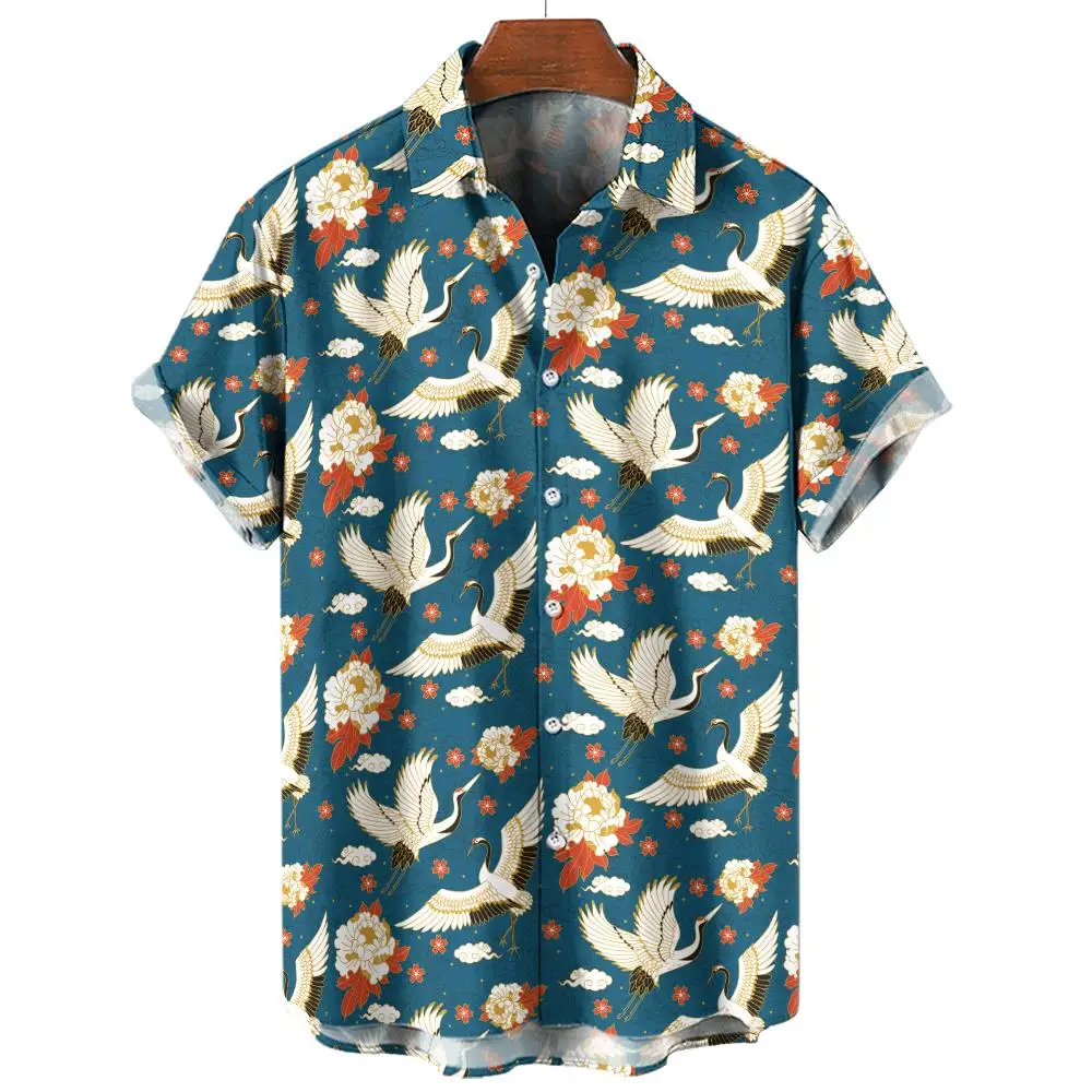 Fashion Hawaiian Shirt For Men Button Lapel Short Sleeve Shirts Summer Male Clothing 3D Animal Chinese Crane Printed Blouse