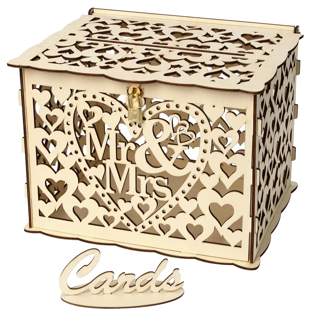 Wooden Wedding Card Box Wedding Decoration Supplies DIY Mr&Mrs Couple Flower Pattern Envelope Sign Cards Wood Box — zdjęcie 6