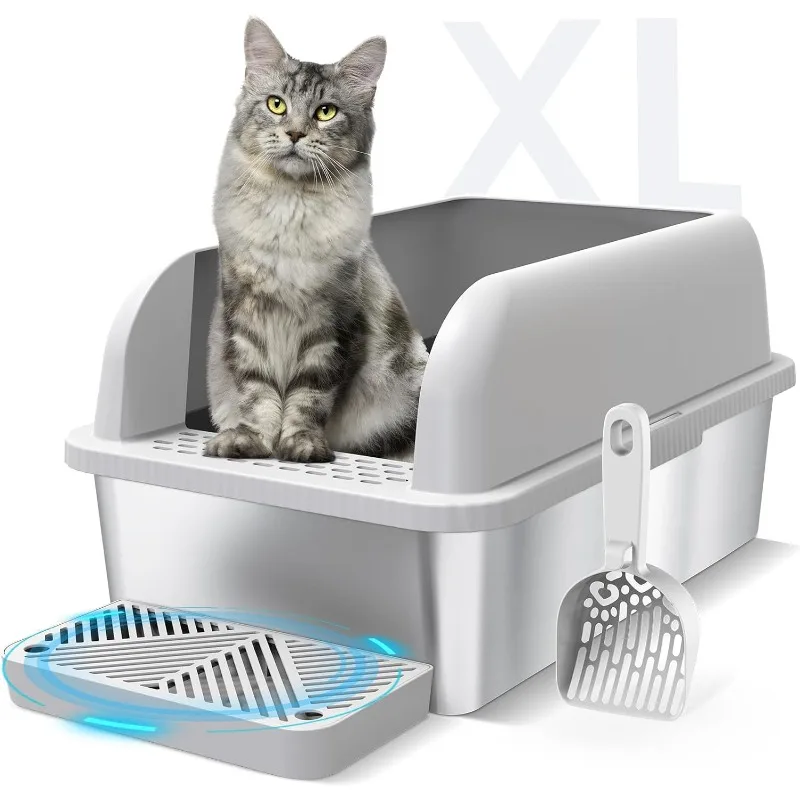 

Enclosed Stainless Steel Cat Litter Box with Lid Extra Large Litter Box for Big Cats XL Metal Litter Pan Tray with High Wall Sid