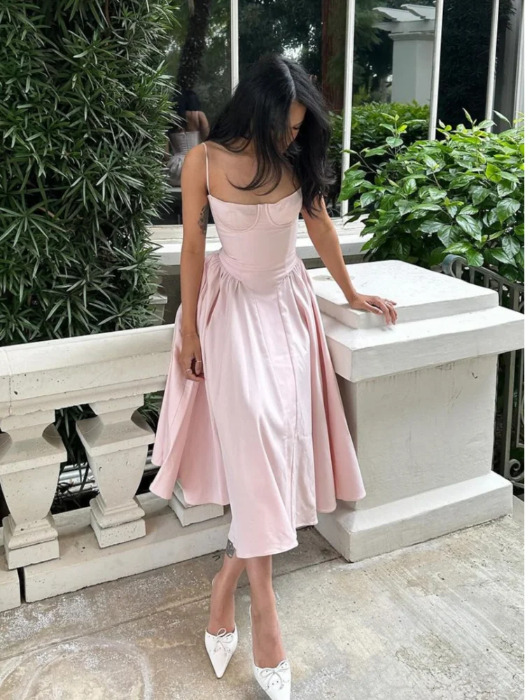 Sexy Women Solid Pleated Sling Dress Chic Sleeveless Backless Loose Hem A Line Dresses Elegant Lady Party Gown High Street Robes