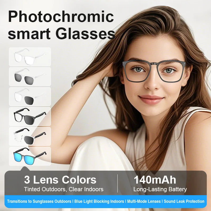 YBA14 AI Translation Smart Glasses Photochromic Bluetooth Hands-Free Calling Audio Multifunctional Driving Glasses No Camera