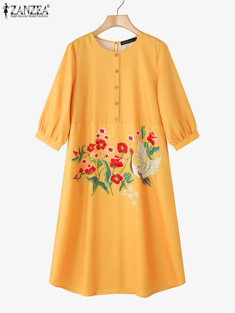 ZANZEA-túnicas acampanadas con estampado Floral y grulla para mujer, vestido informal holgado Vintage con manga 3/4 para el día de verano 2025, Vestidos por debajo de la rodilla