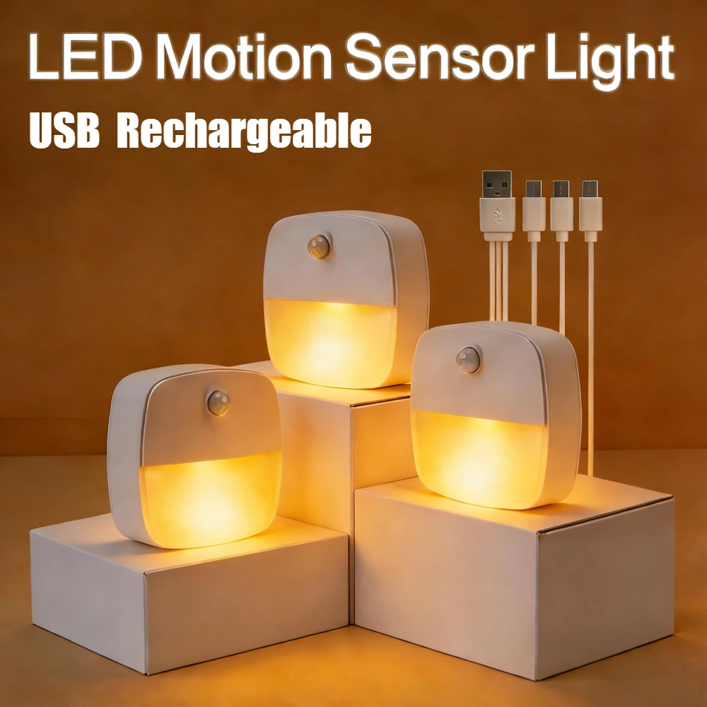 

Светодиодные умные ночники с датчиком движения, перезаряжаемые через USB, аварийные, автоматическое включение/выключение, беспроводные, для кухни, шкафов, лестниц ﻿