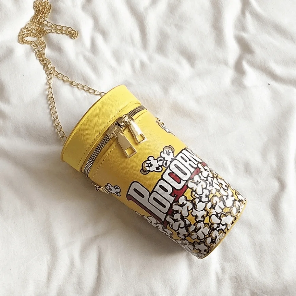 Funny Chain Popcorn Shoulder Bag PU Leather Korean Style Bucket Bag Cylinder Purse Coin Purse Crossbody Bag Daily