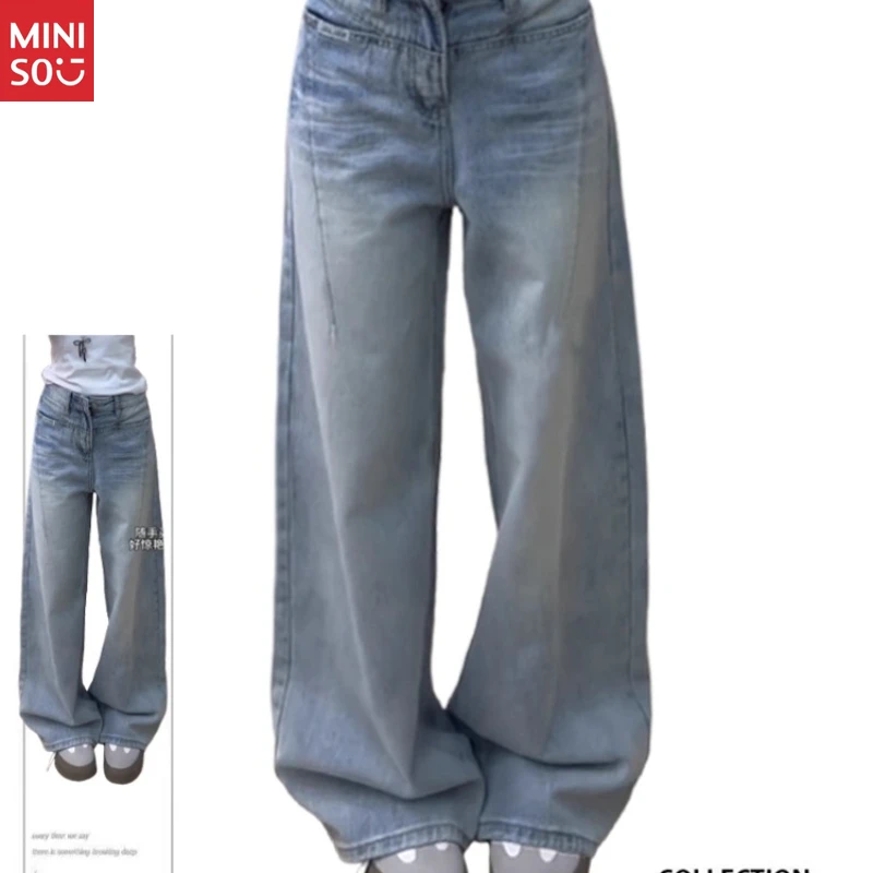 Celana Jeans Miniso Ukuran Besar Vintage Washed, Model Distressed Wide Leg 2025, Denim Gaya Jalanan Amerika