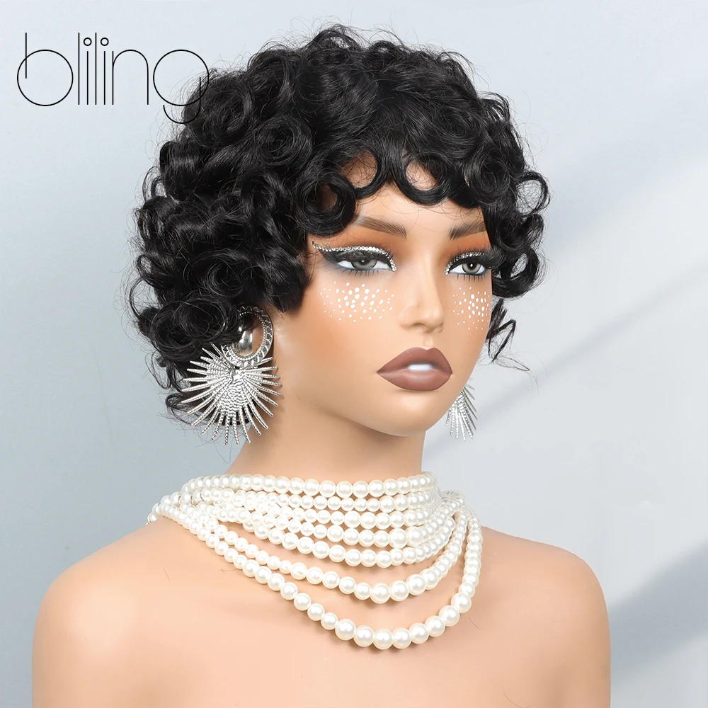 Perruque courte coupe lutin pour femmes noires, perruques Afro courtes bouclées, perruques noires naturelles pour femmes noires, perruque synthétique courte bouclée