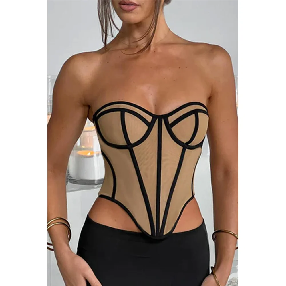 Sexy Slim Fit Strapless Backless Design Color Block Waist Cinched Top Women's Vest Casual Wear Blend Fabric Zipper Decoration