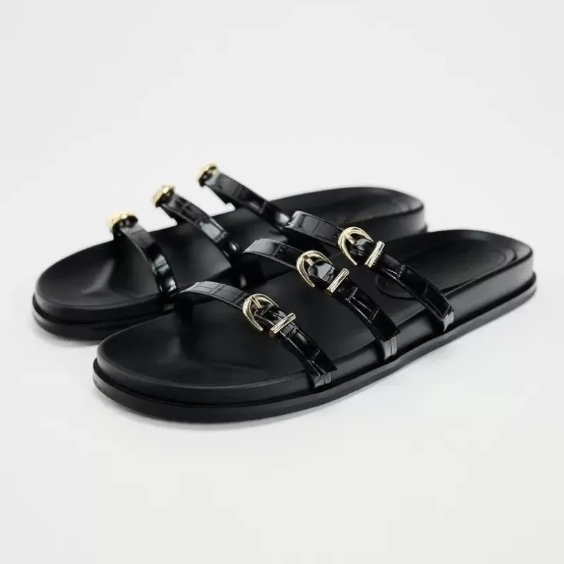 2024 Black Metal Buckle Flat SlipperWomen Round Head Open Toe Flatfrom Slppers for Woman Casual Cozy Indoor Thick Sole Shoes