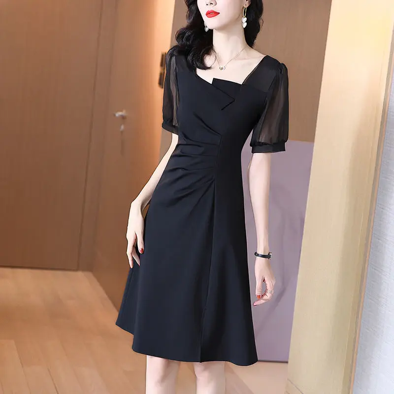 

Elegant Solid Color Spliced Loose Shirring Gauze Mini Dress Women's Clothing 2023 Summer New Short Sleeve Ladies Dresses