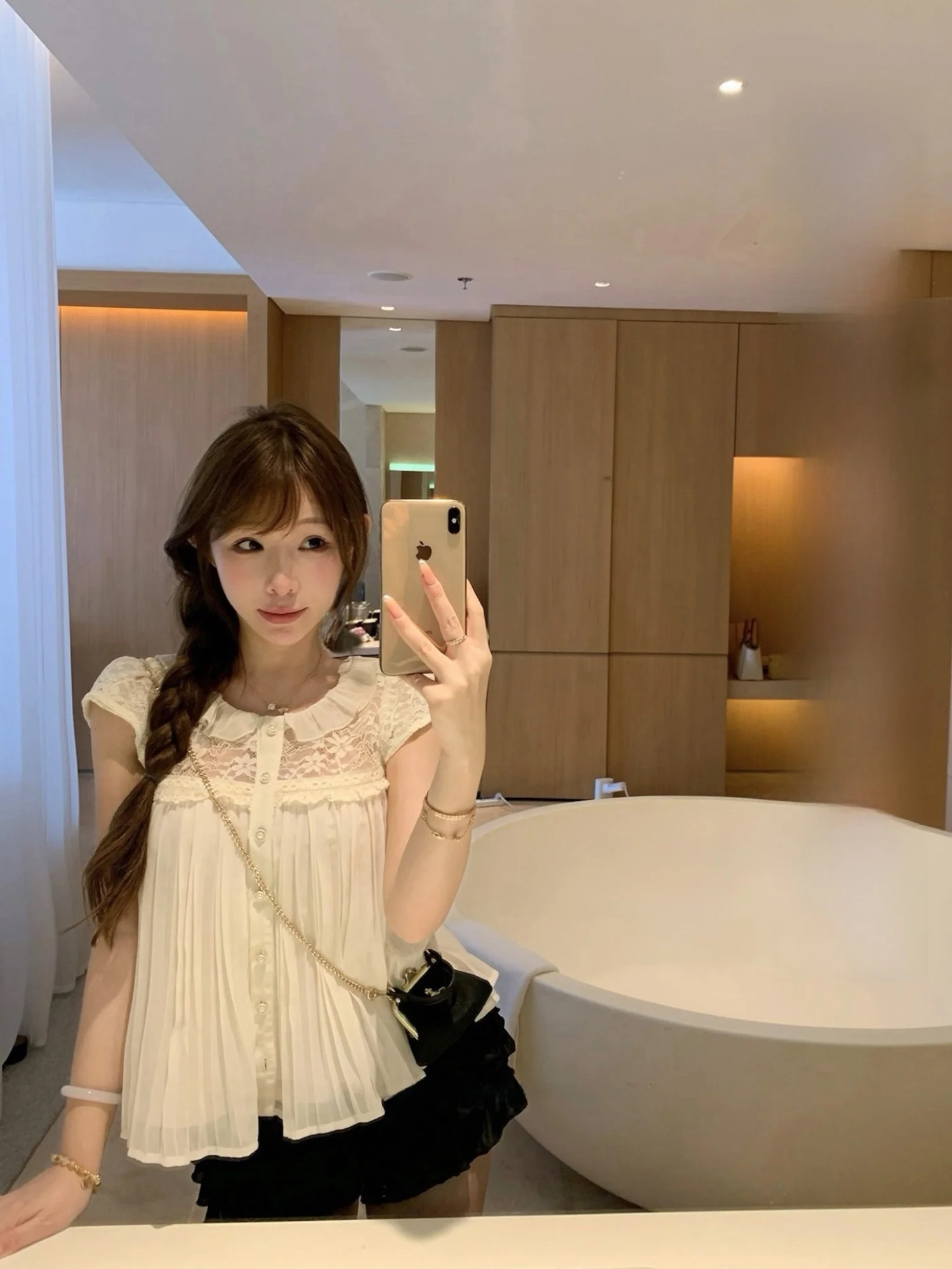 

Lukira Lace Trimmed Chiffon Shirt Women's Spring Summer Black Cake Skirt Breathable Short Sleeve Doll Collar Open Cardigan