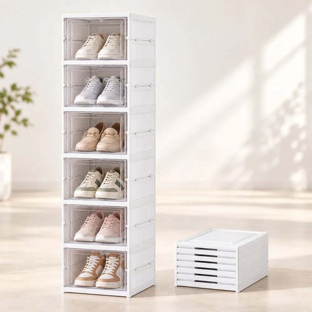 3/6 Tier Foldable Shoe Storage Cabinet No Assembly Transparent Door Dustproof Sneaker Box Shoes Organizer for Entryway Closet