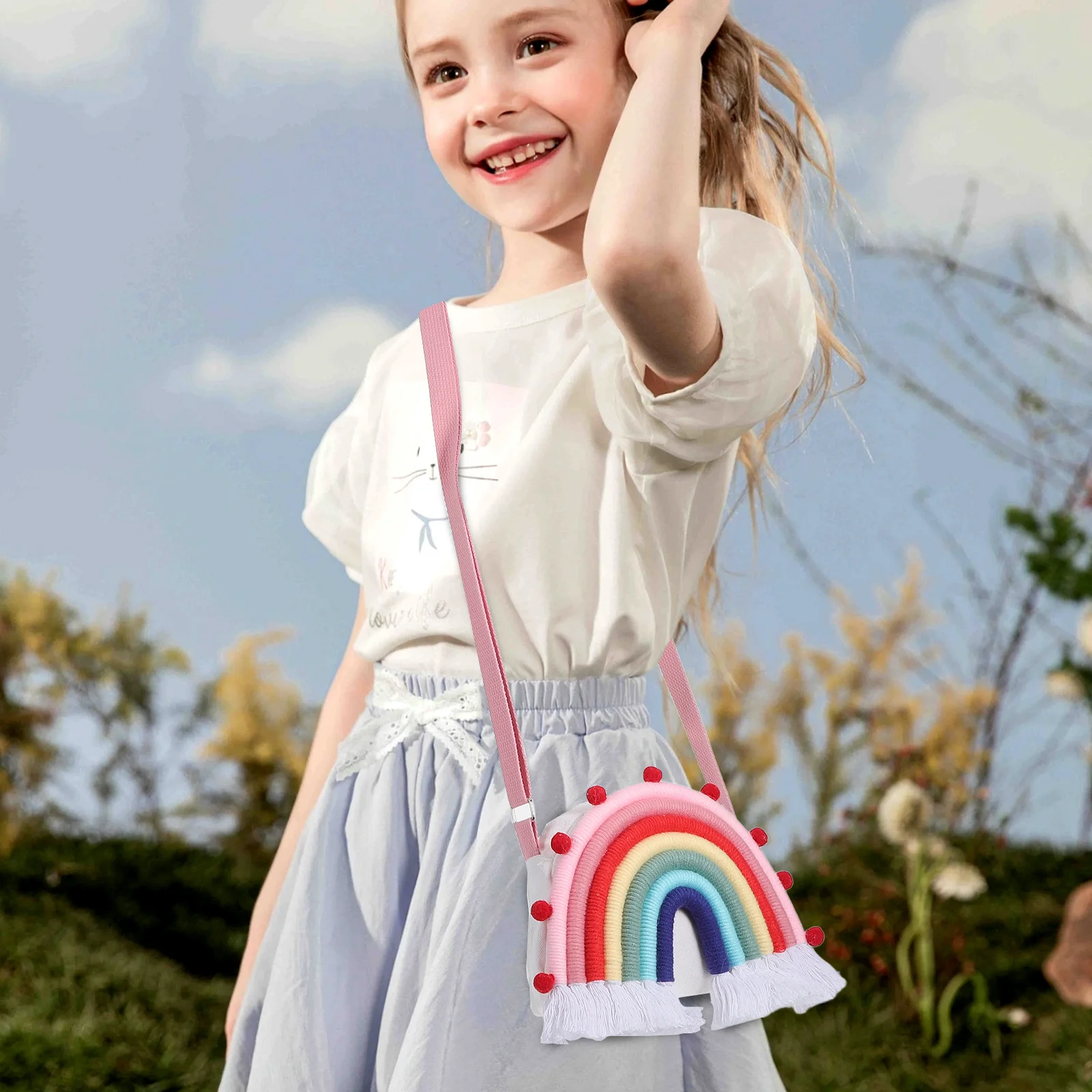 กระเป๋าเป้สะพายหลังลายรุ้ง กระเป๋าถือแบบสะพายข้าง สีแดง กระเป๋าเดินทาง ผ้าฝ้าย ลูกปัดไม้ น้ำหนักเบา พกพาสะดวก