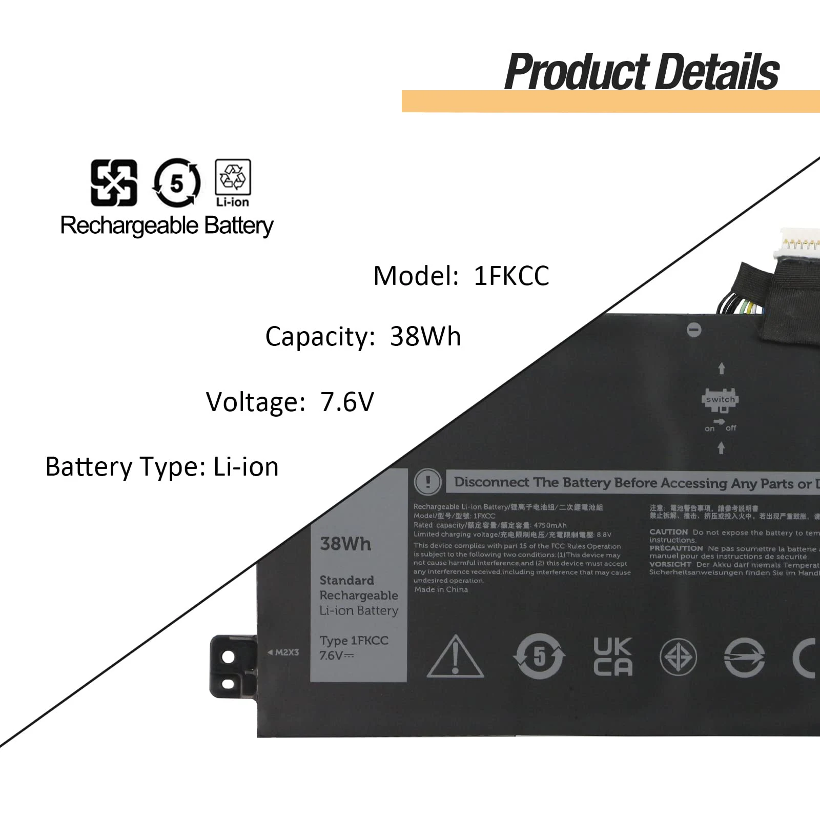 1FKCC Laptop Battery for Dell Latitude 7200 7210 2-in-1 Series T04J T04J001 T04J002 T5H6P 09NTKM 9NTKM 0D9J00 D9J00 0KWWW4 KWWW4