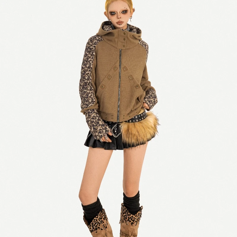Original Design Leopard Print Splicing Workwear Women's Jacket Autumn Winter New Fashionable American Retro Hooded Coat Ladies