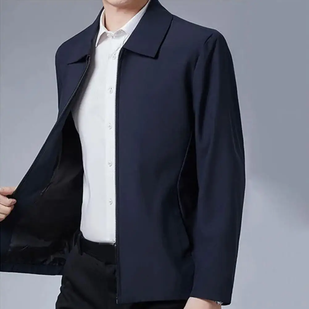 2023Spring and Autumn Fashion Men Middle-aged and Elderly with The Same Zippered Solid Color Lapel Jacket Business Casual Jacket