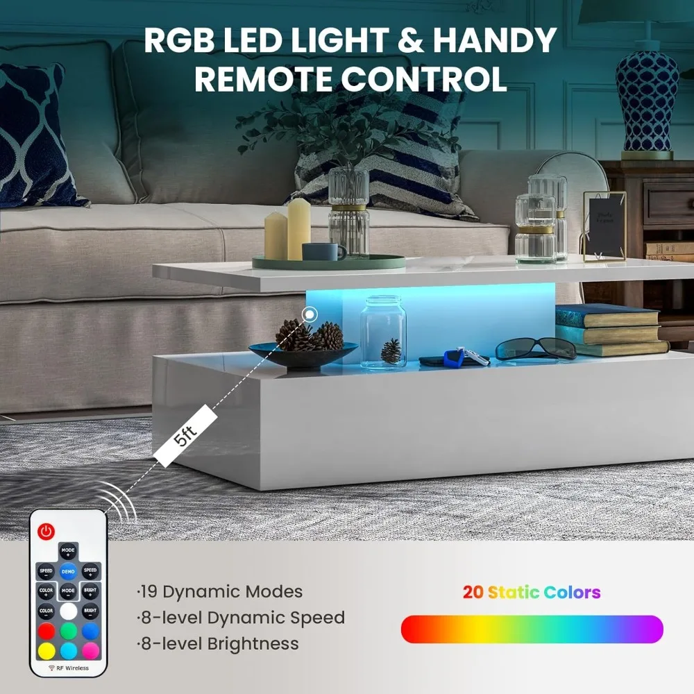 Table basse LED moderne avec lumières 20 couleurs, luminosité et vitesse réglables, télécommande incluse
