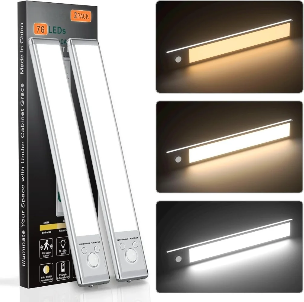 

Tri-Color Motion Sensor Cabinet Lights, 76 LED Magnetic Closet Lights with 1500mAh USB Rechargeable, 2Pack for Kitchen/Stairs