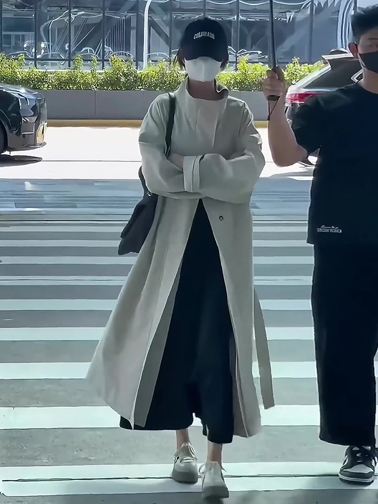 เสื้อโค้ทผู้หญิงสีเบจ สไตล์ลำลอง สำหรับฤดูใบไม้ร่วงและฤดูหนาว ทรงยาว คอตั้ง ติดกระดุมสองแถว ทรงหลวม สไตล์สบายๆ แฟชั่นลำลอง