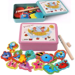 Montessori brinquedos de pesca magnética de madeira vida marinha cognição jogos de peixes brinquedo educativo precoce para crianças pai-filho interativo