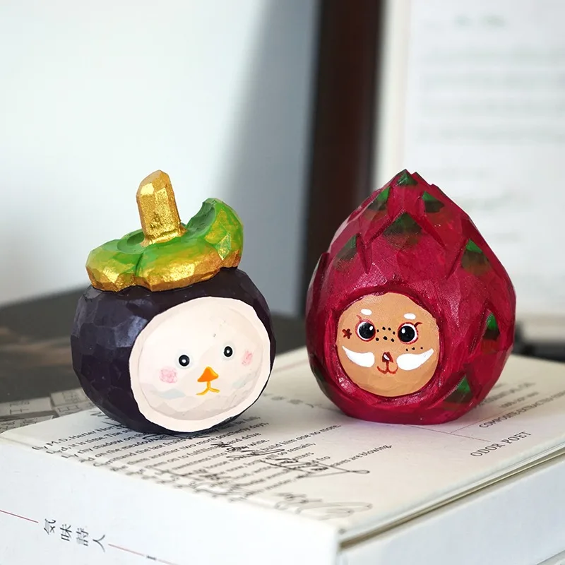Mangosteen Dragon Fruit Hand Carved Wood Statue Cute Timber Fruit Soothing Desk Decor Handmade Wooden Fruit Landscape Ornament