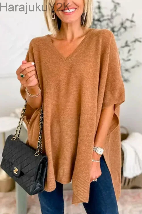 Vintage Loose V Neck Women Sweater Long Sleeve Oversized Knitted Pullover Autumn Winter Elegant Harajuku Jumper Knitwear Top