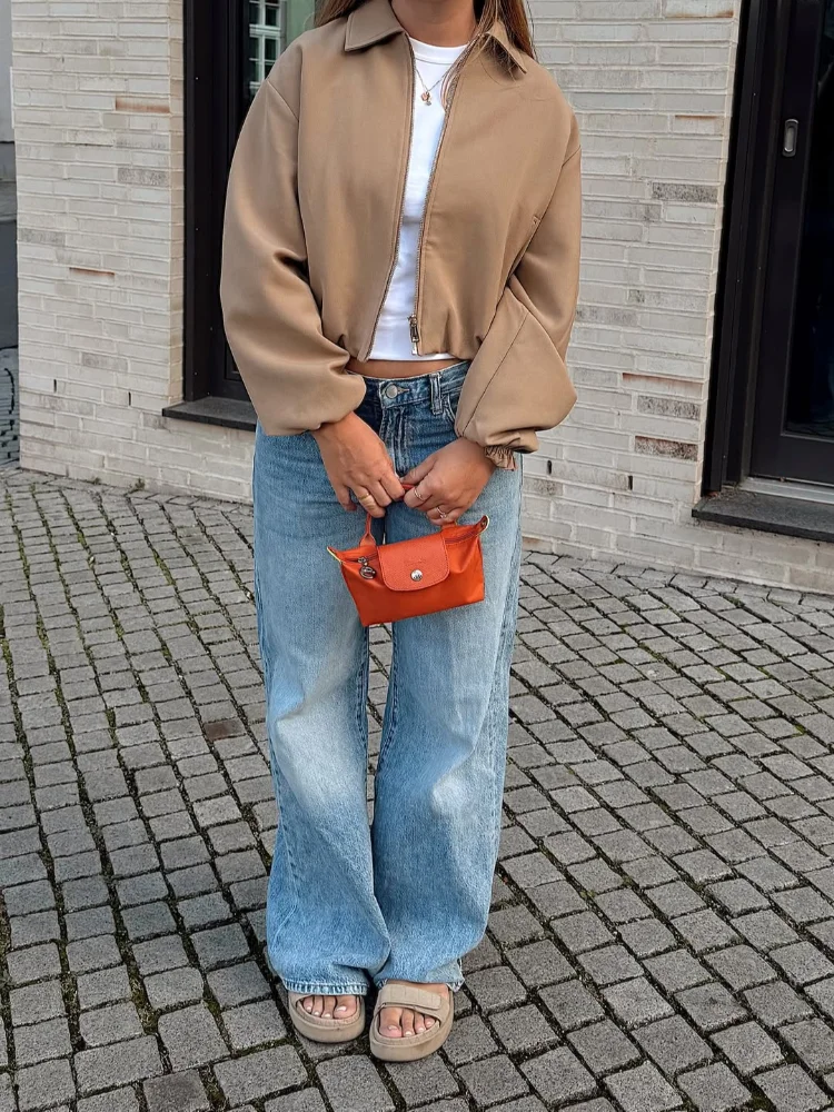 

Women Solid Short Suede Jacket Fashion Lapel Long Sleeve Zipper Pocket Loose Outerwears Lady 2025 Autumn Commute Office Jackets