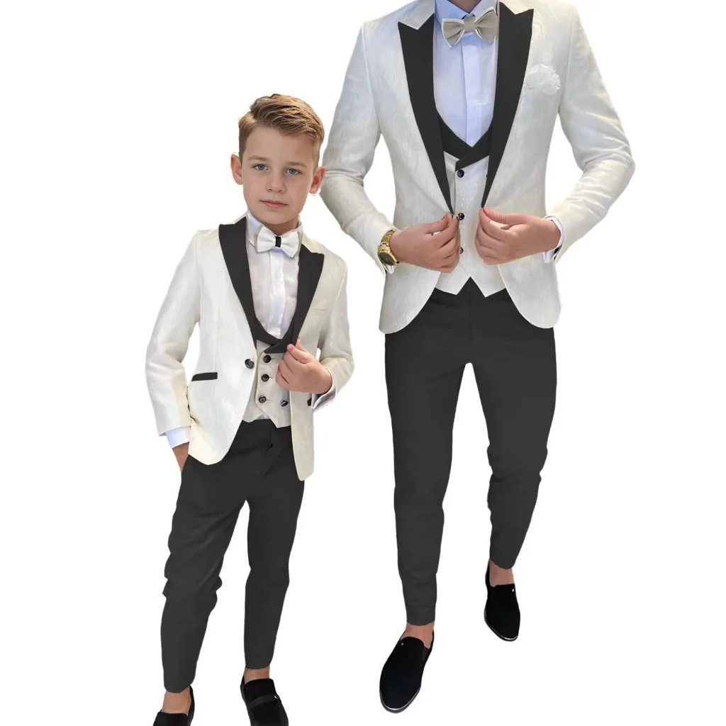 Formal Jacquard Boys Suit 3 Pieces Blazer Vest Pants Peak Lapel One Button Kids Suit 3-16 Years Old Tuxedo Party Wedding Dress