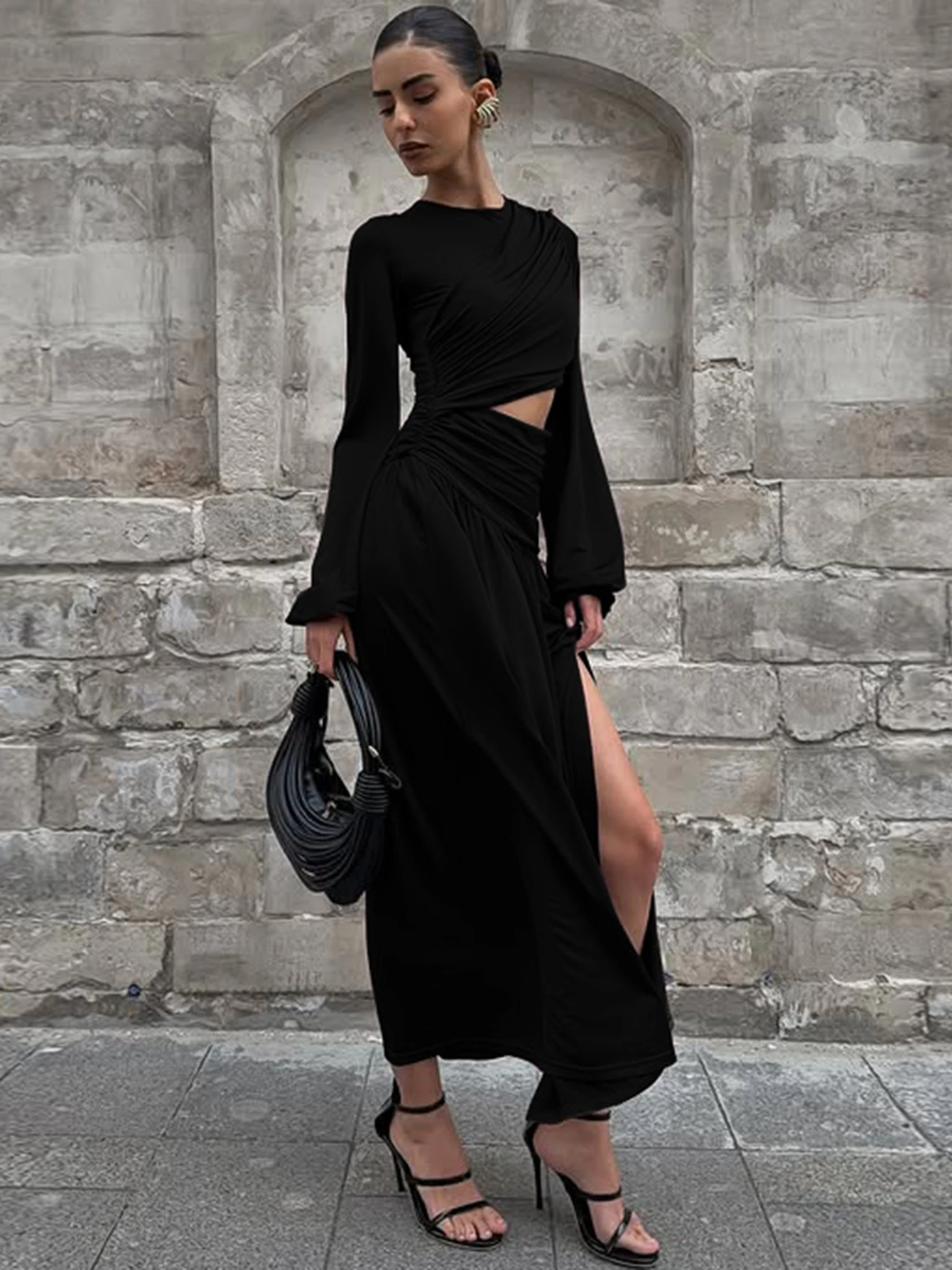 Dulzura O-Neck Long Flare Sleeve Cut Out Ruched Side Slit Pleated Long Dress Women'S Sexy Elegant Dress Party Club Autumn Outfit