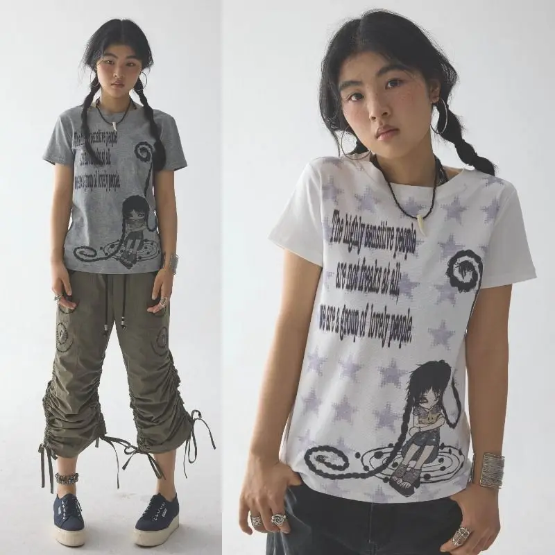 Japanese Subculture Ancient Early Flavor Y2k Sweet Cool Cute Niche Manga Star Curly Girl Printed Short Sleeve Top