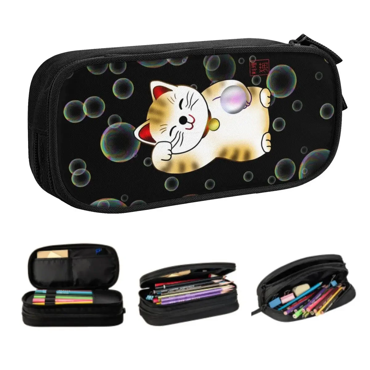 

Customized Cute Maneki Neko With Pearl Pencil Cases for Girl Boy Large Capacity Lucky Cat Pencil Box Stationery