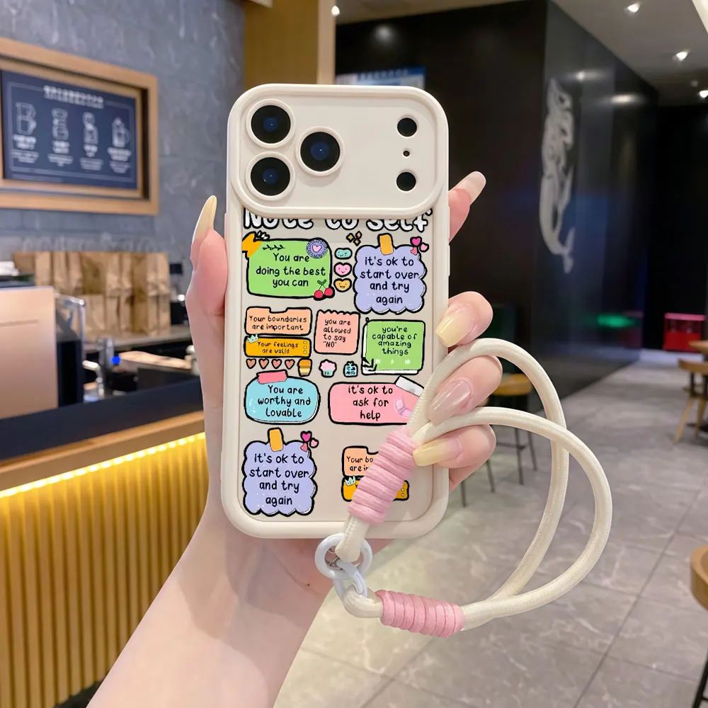 Hand Drawn Pastel Note Wrist Strap Phone Cases For Samsung Galaxy S25 S26 Ultra S23 S24 Plus A53 A56 A54 A36 A55 Lanyard Cover
