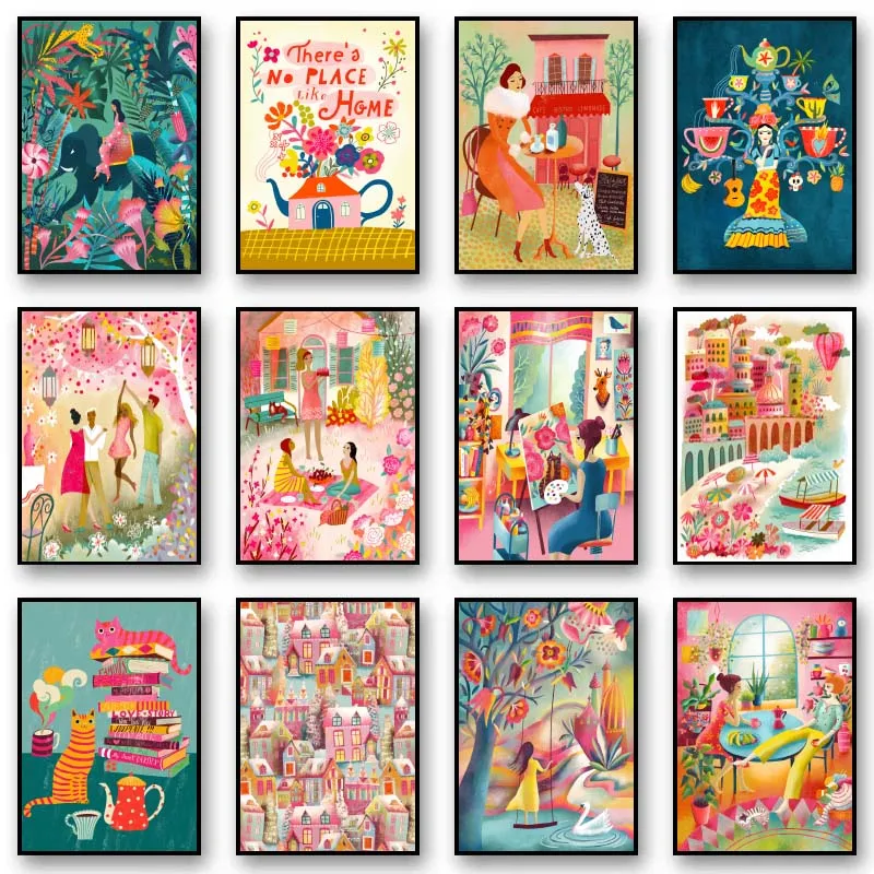 Boho Fashion Girl Drawings Illustration Animals Flowers Wall Art Canvas Painting Poster And Prints Pictures For Home Decor