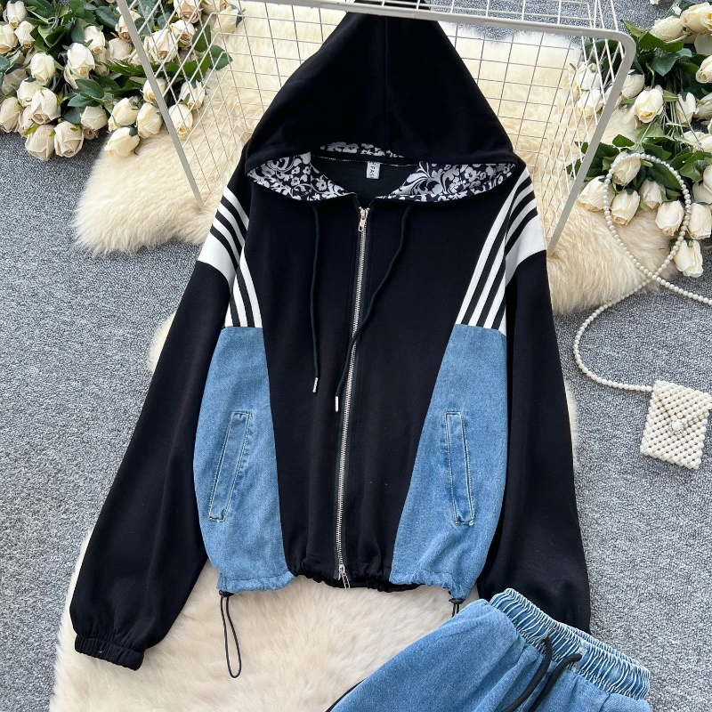 Mode bedrukte slim fit denim jasje met capuchon, casual hoge taille, gestreepte wijde pijpen broek, tweedelige set voor dames herfst 2025,