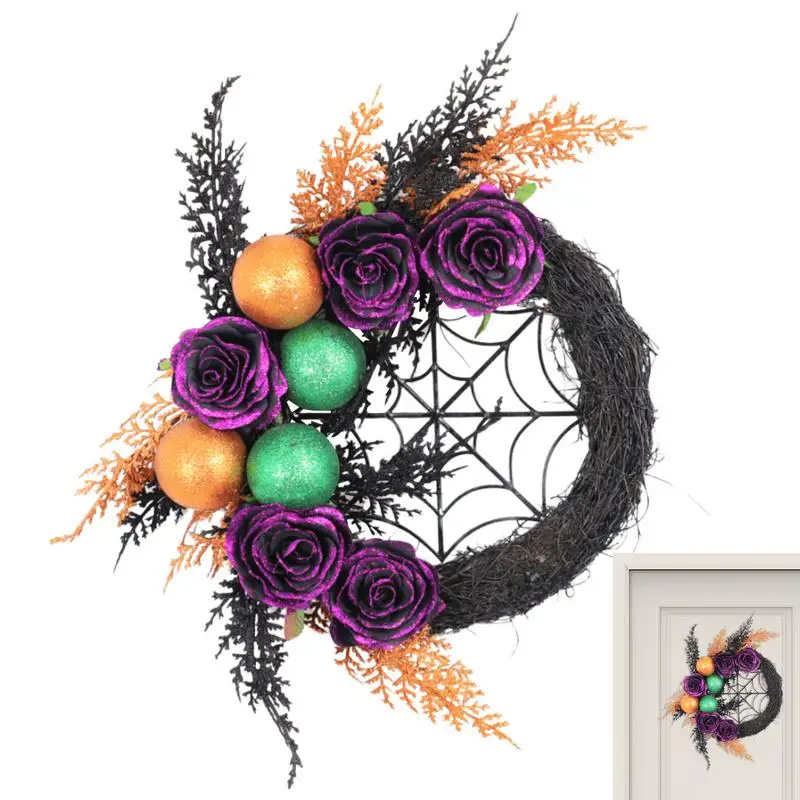 Halloween Rose Wreath spider web simulation black rose vine ring Wreath haunted house dress up door hanging Garland with Balls