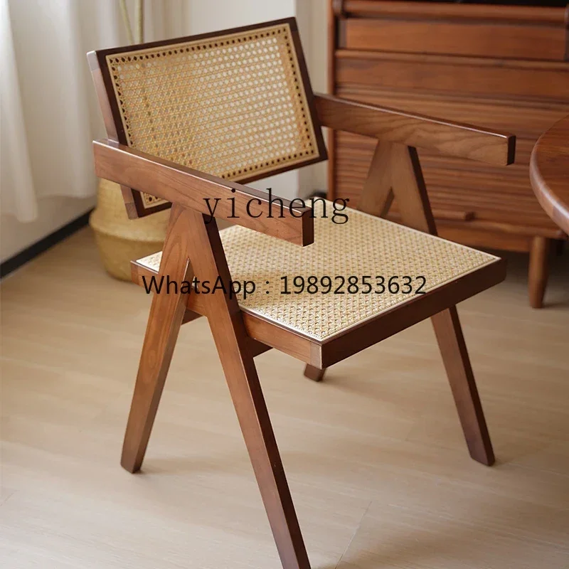 YZ  all solid wood dining chair medium antique solid wood rattan chair armrest ash wood casual single chair